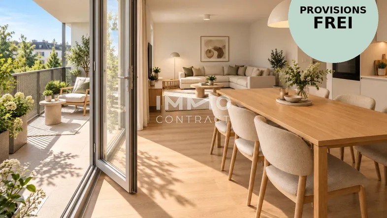 Heller, offener Wohn- und Essbereich mit Holzboden und Zugang zu einem möblierten Balkon.