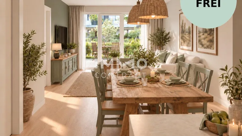 Helles Wohn- und Esszimmer mit Holztisch, Korblampen und Zugang zu einer Terrasse oder Garten.