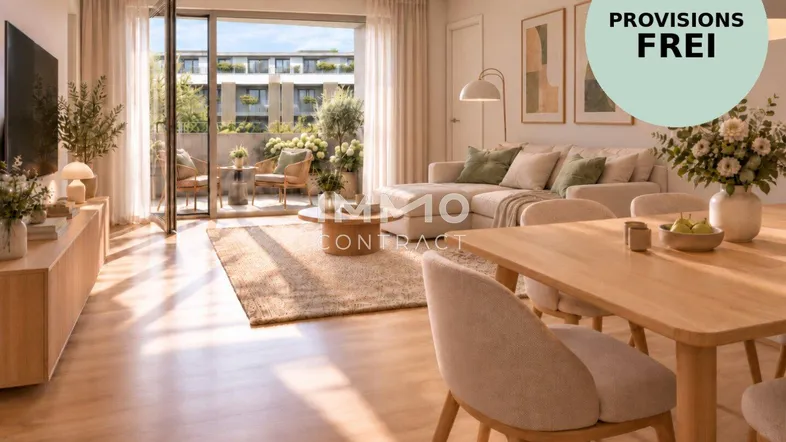 Helles, offenes Wohn-Esszimmer mit Holzboden und Zugang zu einem möblierten Balkon.