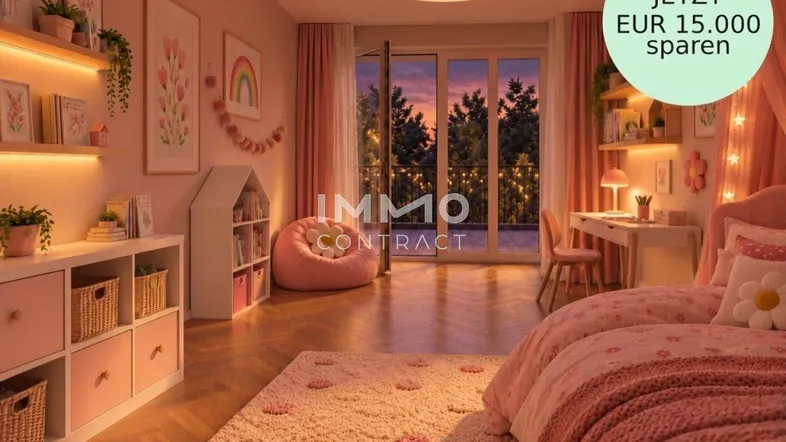 Helles und farbenfrohes Kinderzimmer mit rosa Dekoration, Schreibtisch und Zugang zu einem kleinen Balkon.