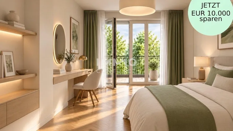 Helles Schlafzimmer mit Holzboden, Balkonzugang und einem modernen Schminktisch.
