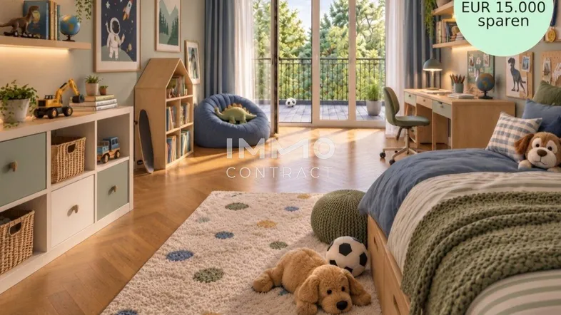 Helles Kinderzimmer mit Holzboden, Schreibtisch und Zugang zu einem Balkon mit Blick ins Grüne.