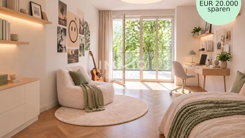 Helles Schlafzimmer mit Holzboden, modernem Dekor und Zugang zu einem Balkon mit Blick ins Grüne.