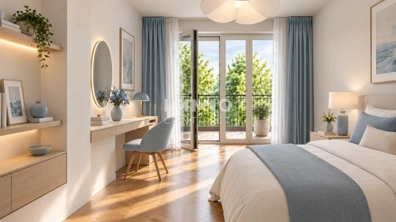 Helles Schlafzimmer mit Holzboden, Balkonzugang und einem modernen Schminktisch.