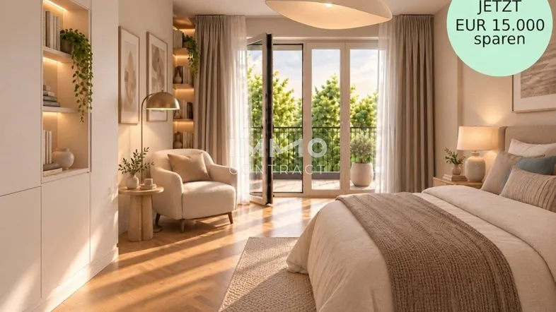 Helles Schlafzimmer mit Holzboden, Balkonzugang und gemütlicher Leseecke mit Blick ins Grüne.