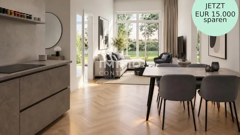 Helles, offenes Wohn-Esszimmer mit moderner Küchenzeile, Parkettboden und Zugang zum Garten.
