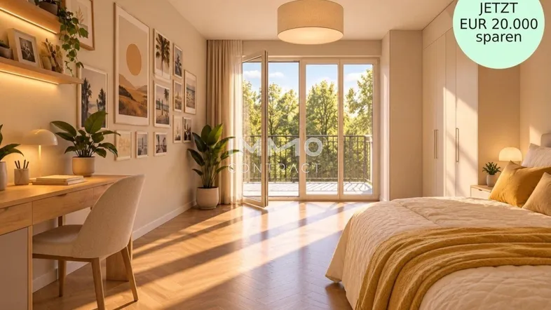 Helles Schlafzimmer mit Parkettboden, Balkonzugang und integriertem Arbeitsbereich, modern eingerichtet.