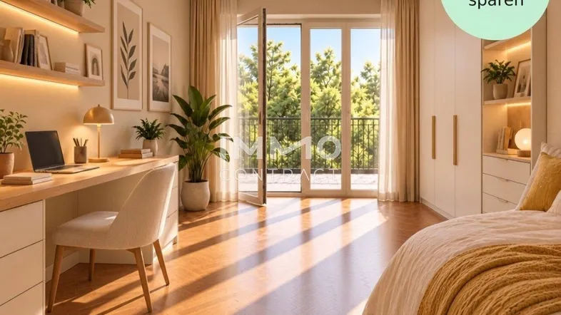 Helles Schlafzimmer mit Arbeitsbereich, Holzboden und Zugang zu einem französischen Balkon mit Blick ins Grüne.