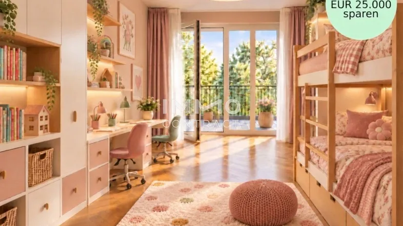 Helles Kinderzimmer mit Etagenbetten, zwei Schreibtischen und Zugang zu einem kleinen Balkon.