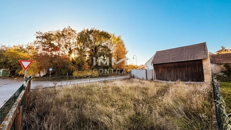 Sonniges Grundstück mit hohem Gras und einem alten Scheunengebäude im Hintergrund unter blauem Himmel.