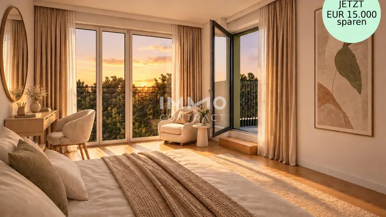 Helles Schlafzimmer mit Zugang zum Balkon, großen Fenstern und einem schönen Sonnenuntergangsblick.