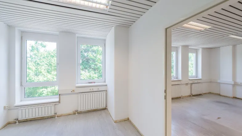 Heller, leerer Büroraum mit großen Fenstern, die einen Blick ins Grüne bieten und einer Lamellendecke.