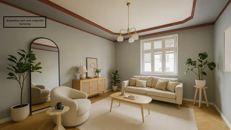 Helles Wohnzimmer mit modernem Mobiliar, Fischgrätparkett und dekorativer Deckenleiste.