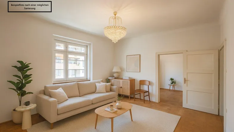Helles Wohnzimmer mit modernem Sofa, Couchtisch und Kronleuchter, nach einer möglichen Sanierung.