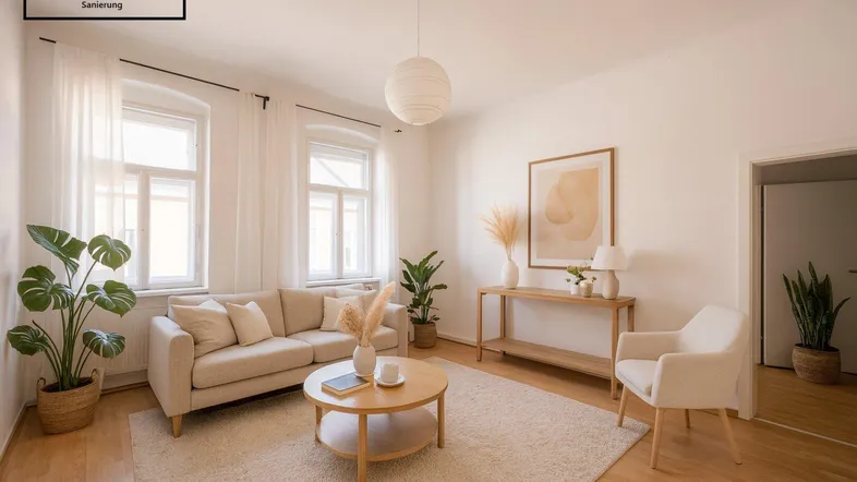 Helles Wohnzimmer mit Parkettboden, großen Fenstern und moderner, gemütlicher Einrichtung nach möglicher Sanierung.