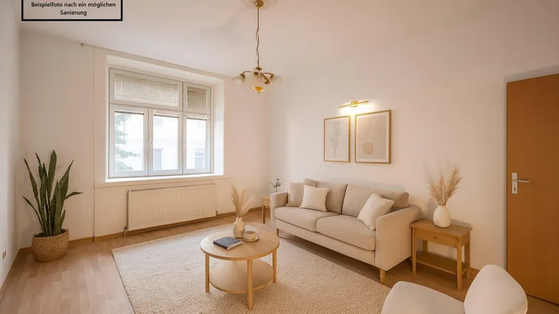 Helles, modern eingerichtetes Wohnzimmer mit Parkettboden und Stuckdecke nach Sanierungsvorschlag.