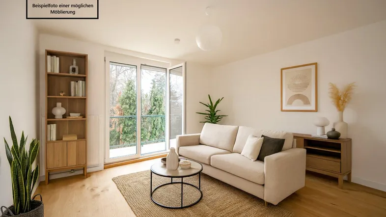 Helles Wohnzimmer mit modernem Sofa, Holzboden und Zugang zu einem Balkon mit Waldblick.
