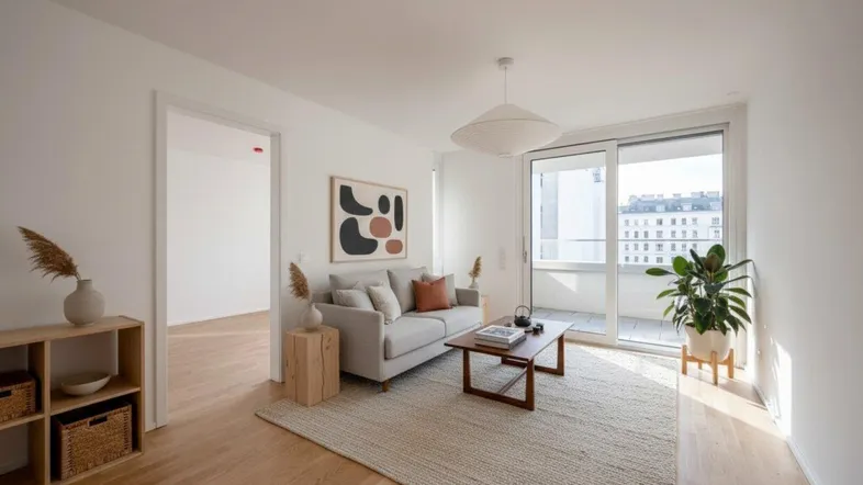 Helles Wohnzimmer mit modernem Sofa, Holzboden und Zugang zum Balkon, einladend gestaltet.