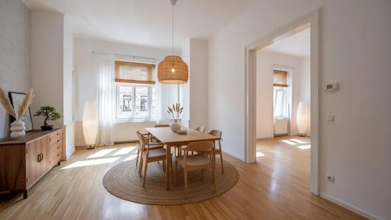 Helles Esszimmer mit Holztisch, Rattanhängelampe und Parkettboden, offen zu einem weiteren Raum.