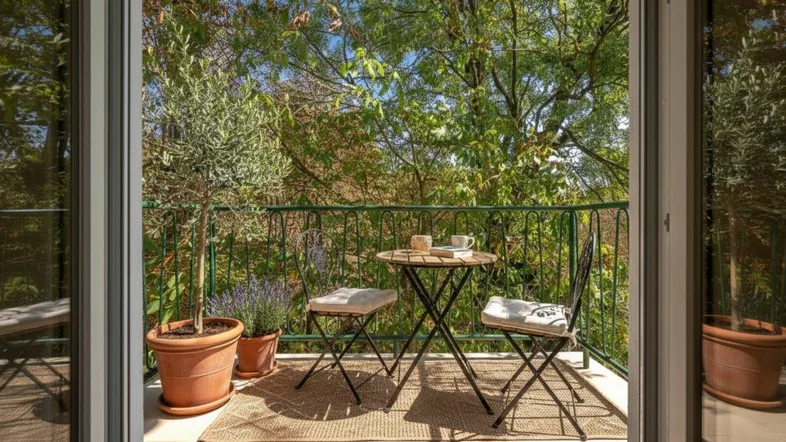 Gemütlicher Balkon mit Sitzgelegenheiten und Blick ins Grüne, ideal für entspannte Stunden im Freien.