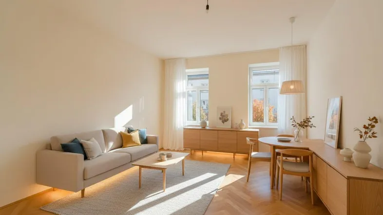 Heller Wohn- und Essbereich mit Fischgrätparkett, modernen Holzmöbeln und viel Tageslicht.