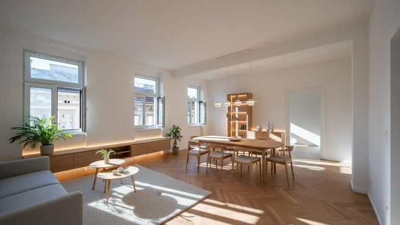 Helles, modern eingerichtetes Wohn-Esszimmer mit Fischgrätparkett und stilvollen Holzmöbeln.