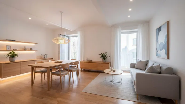 Helles, modern eingerichtetes Wohn- und Esszimmer mit Holzboden und Zugang zum Balkon.