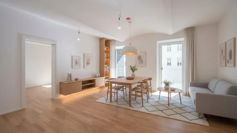 Heller, offener Wohn-Essbereich mit Holzboden, modernen Möbeln und Zugang zur Terrasse.