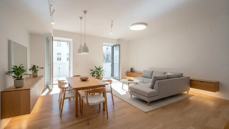 Helles Wohn- und Esszimmer mit modernem Mobiliar, Holzboden und Zugang zu zwei Balkonen.