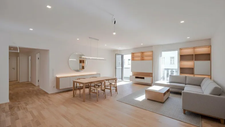 Helles, offenes Wohn- und Esszimmer mit Parkettboden, modernen Möbeln und Zugang zum Balkon.