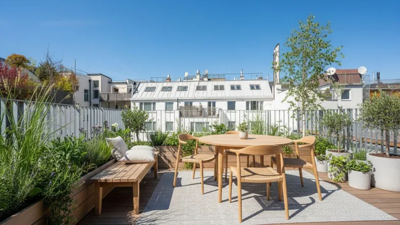 Möblierte Dachterrasse mit Holzboden, Pflanzenbeeten und Blick auf die umliegenden Gebäude.