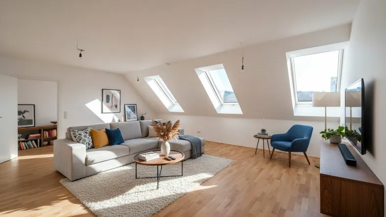 Helles Wohnzimmer mit Dachschrägen, Holzboden und gemütlicher Sitzecke unter den Dachfenstern.