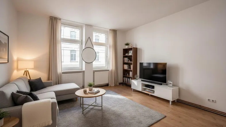 Helles Wohnzimmer mit modernem Sofa, Holzboden und zwei großen Fenstern.