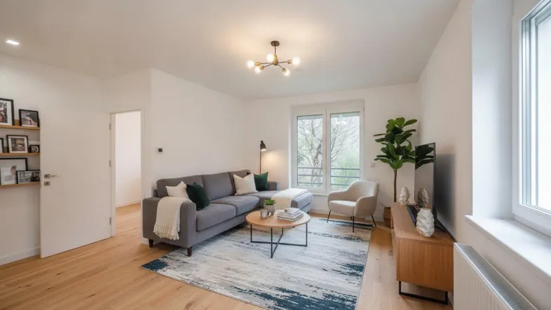 Helles Wohnzimmer mit modernem Sofa, Holzboden und Blick ins Grüne durch große Fenster.