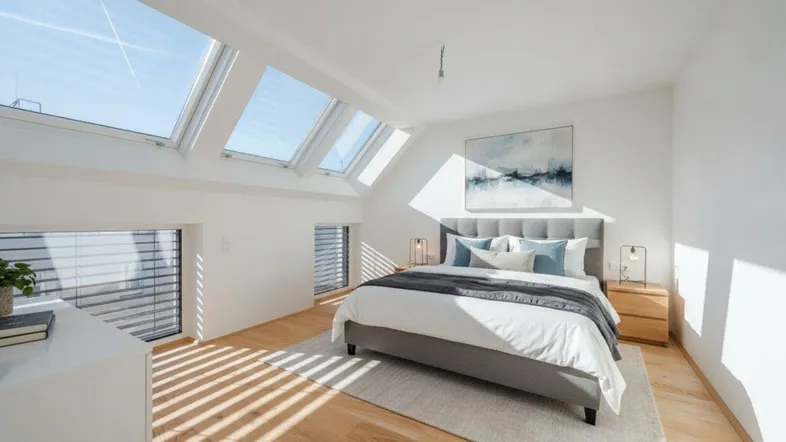 Helles Schlafzimmer mit Dachschrägen, großen Dachfenstern und modernem Holzboden.