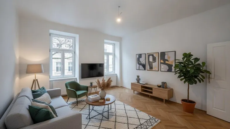 Helles Wohnzimmer mit modernem Interieur, Fischgrätparkett und großen Fenstern.