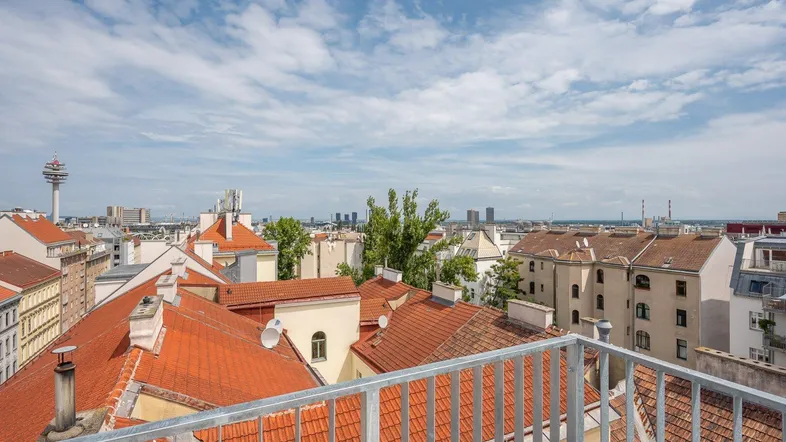 Panoramablick über die Dächer der Stadt mit roter Ziegeldeckung und einem Fernsehturm am Horizont.