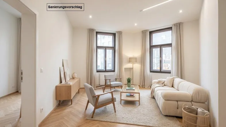 Helles Wohnzimmer mit modernem Mobiliar, Fischgrätparkett und großen Fenstern, als Sanierungsvorschlag dargestellt.