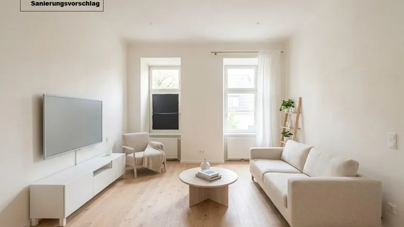 Helles Wohnzimmer mit modernem Interieur, Holzboden und Sanierungsvorschlag für eine zeitgemäße Gestaltung.