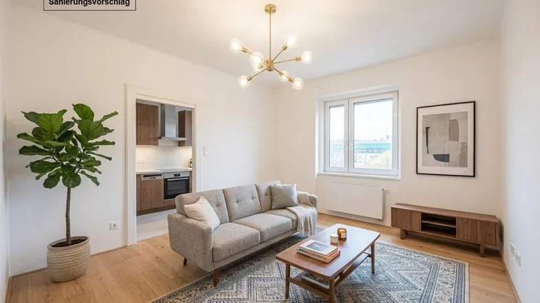 Modernes Wohnzimmer mit hellem Parkettboden, beigem Sofa und Blick in die Küche.