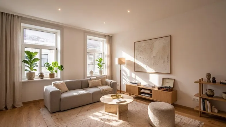 Helles Wohnzimmer mit modernem Sofa, Holzboden und viel Tageslicht durch große Fenster.