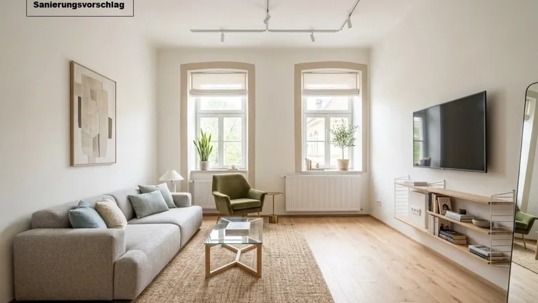 Helles Wohnzimmer mit Holzboden, moderner Einrichtung und zwei großen Fenstern.