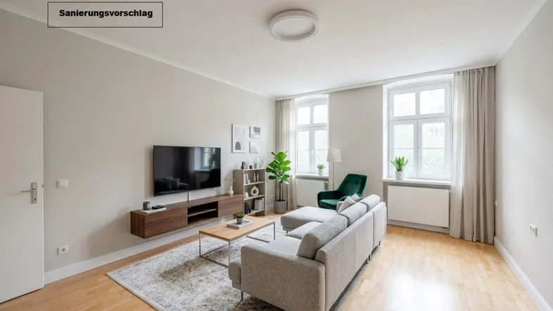 Modernes Wohnzimmer mit beigem Sofa, Holzboden und zwei großen Fenstern, als Sanierungsvorschlag dargestellt.