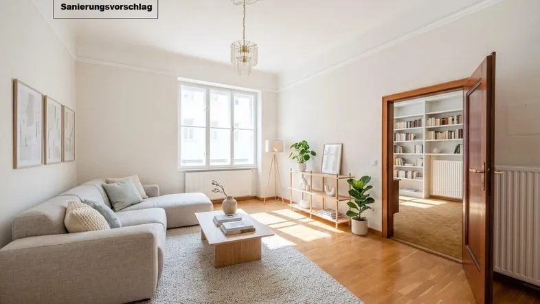 Modern eingerichtetes Wohnzimmer mit hellem Parkettboden und Stuckdecke, als Sanierungsvorschlag dargestellt.