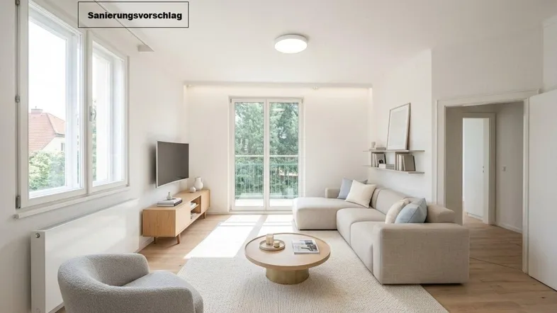Helles Wohnzimmer mit modernem Sofa, Holzboden und Zugang zum Balkon, als Sanierungsvorschlag dargestellt.