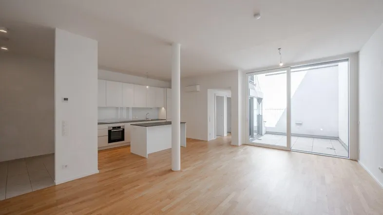 Heller, offener Wohnbereich mit integrierter Küche, Holzboden und Zugang zur Terrasse.