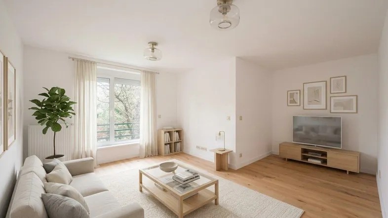 Helles Wohnzimmer mit Holzboden, moderner Einrichtung und Blick ins Grüne.