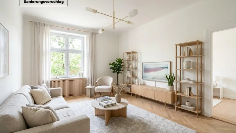 Helles Wohnzimmer mit modernem Mobiliar, Fischgrätparkett und einem Fenster mit Blick ins Grüne.