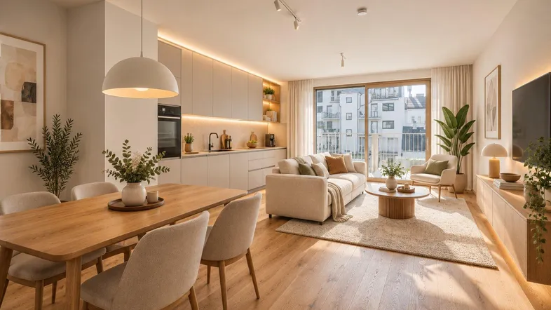 Moderner offener Wohn- und Essbereich mit integrierter Küche, Holzboden und Zugang zum Balkon.