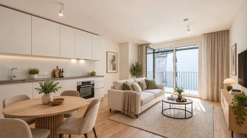 Moderner offener Wohn-Essbereich mit integrierter Küche, Holzboden und Zugang zum Balkon.